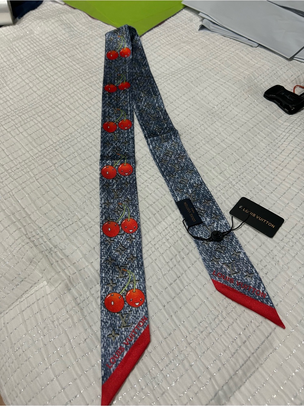 Louis Vuitton Blue Silk Cherry-Print Twilly with Red Tips